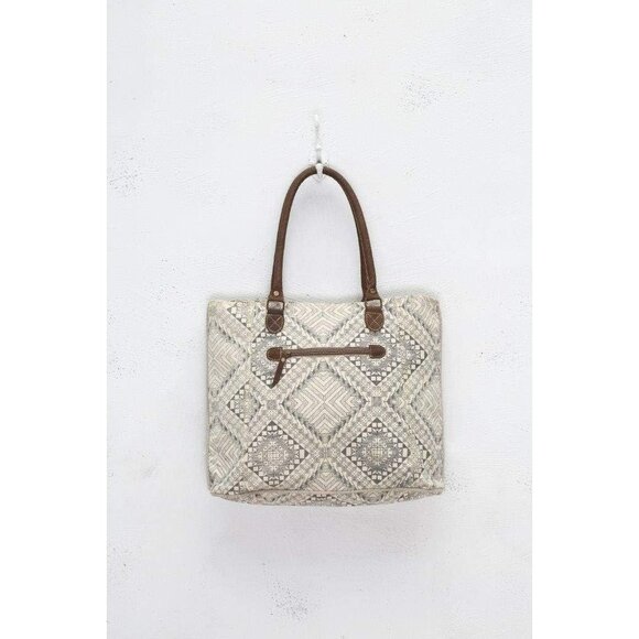 Myra Women's Artisan Upcycled Leather Canvas Tote Bag Beige Stylish Versatile Du - Picture 4 of 5